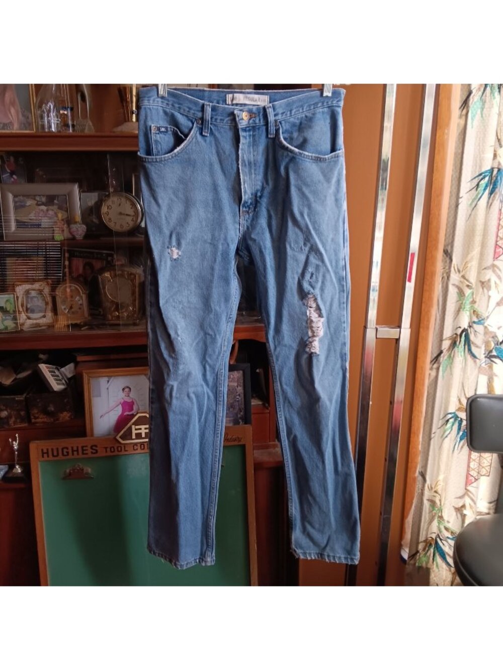 Trashed Farmer Lee Mens Distressed Denim Straight-Leg Jeans 33x34 Blue Cotton